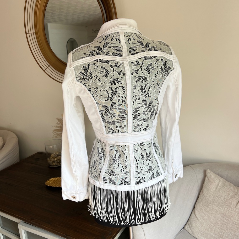 Stretch Denim Lace Fringe Jacket Womens S White Western 1 of 1 Unique Upcycling